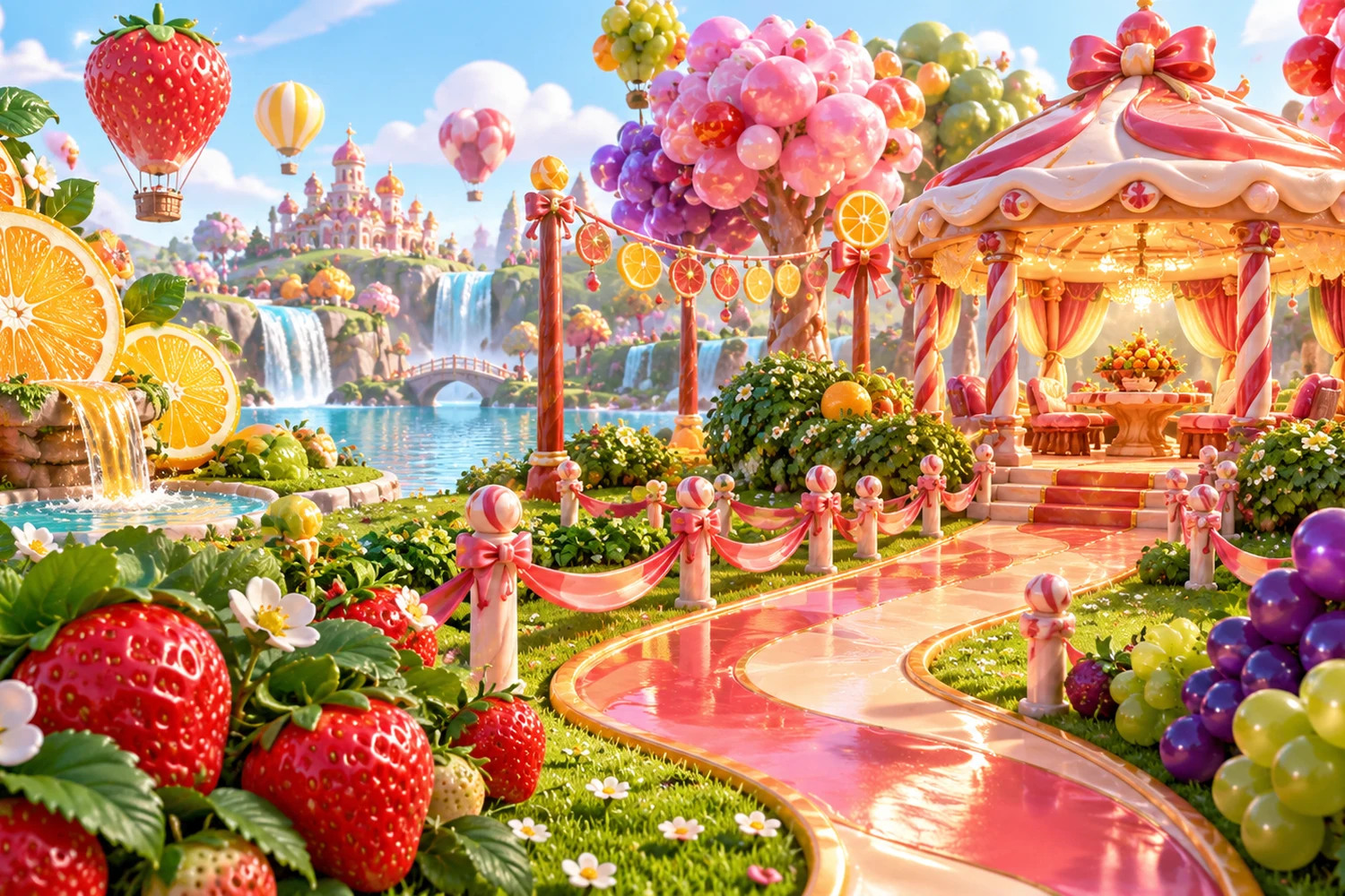 An illustrated candy kingdom filled with glossy sweets and juicy fruit