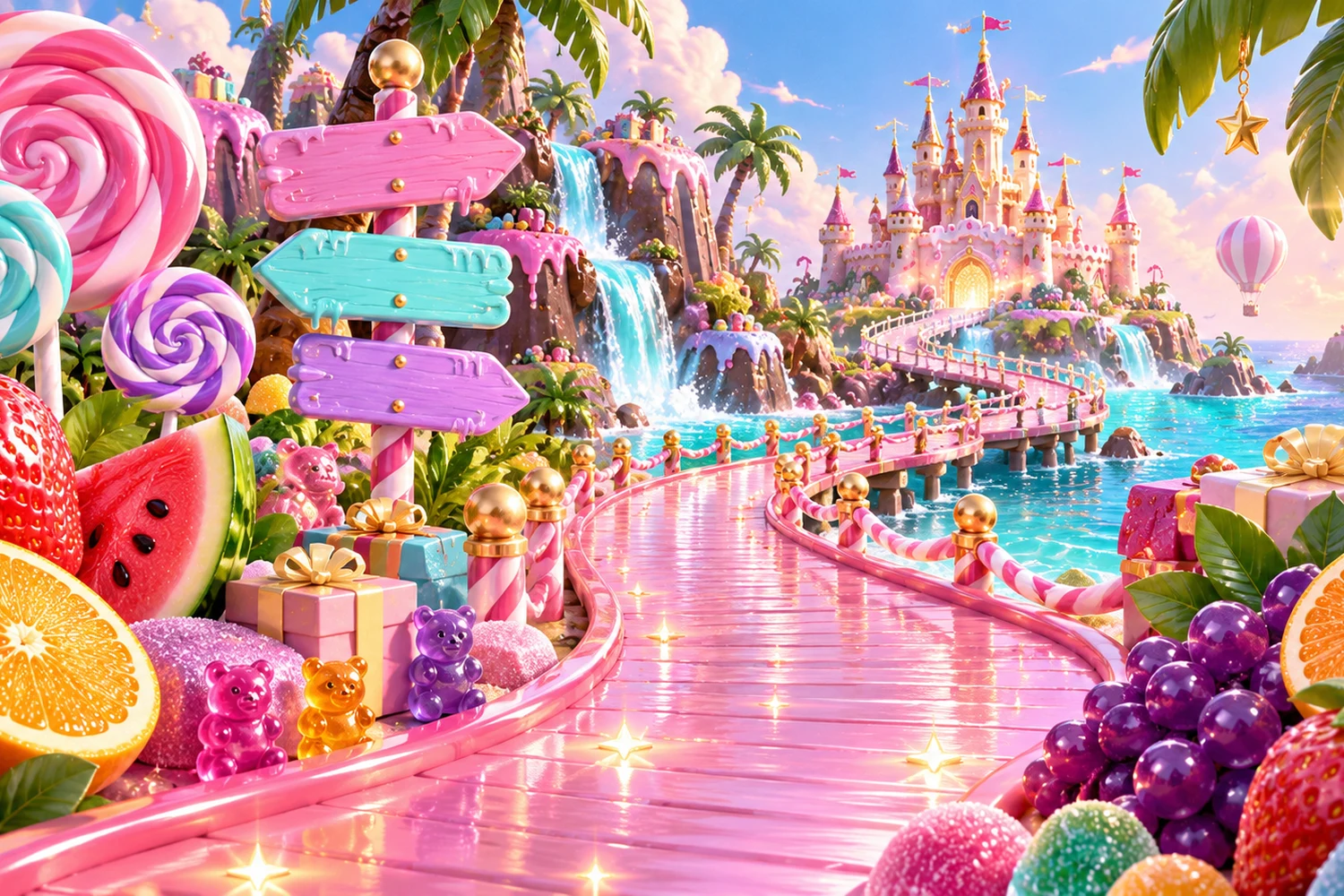 A bright confectionery landscape with fruit, gifts and sugar colours