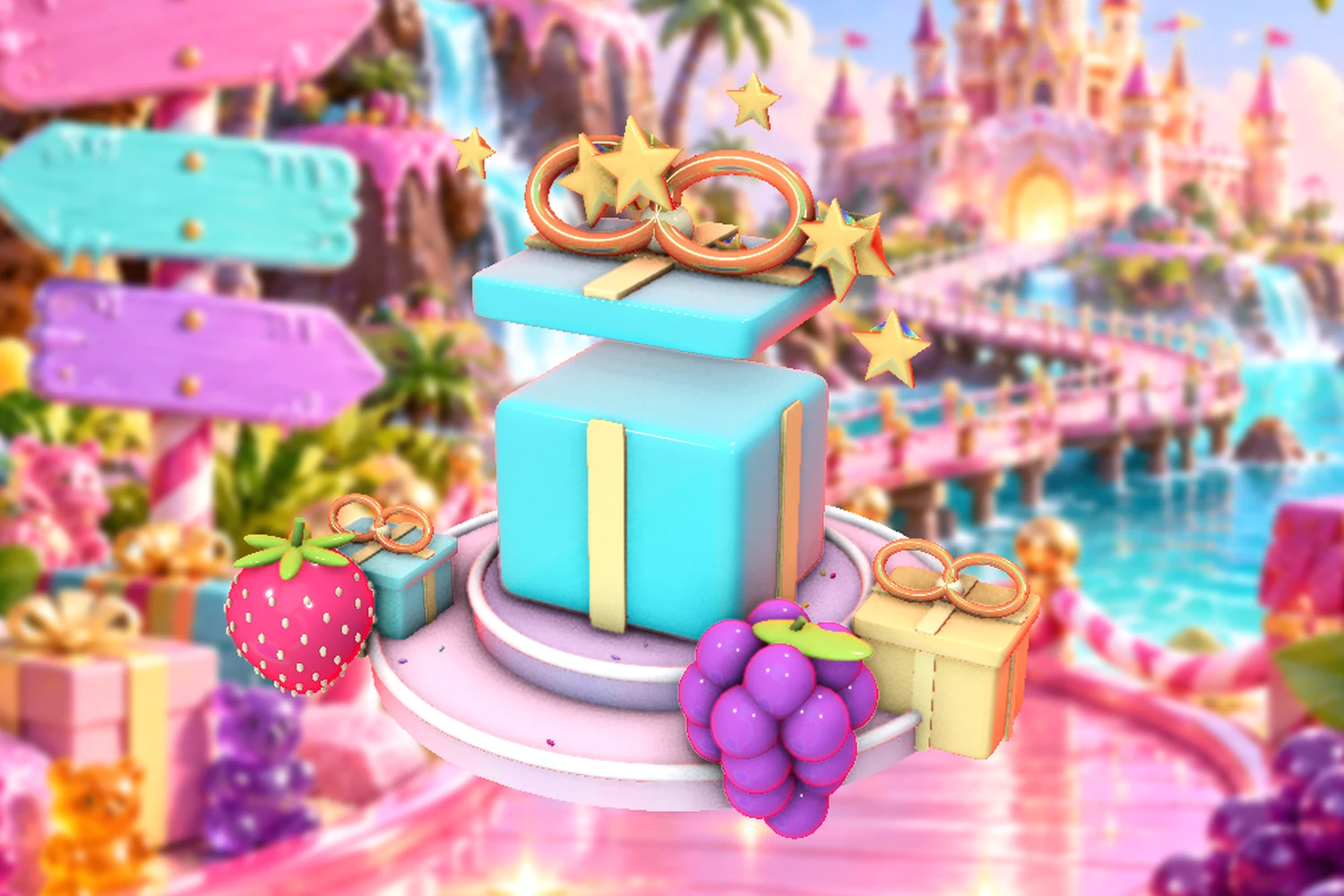 A dimensional candy celebration with wrapped presents and stars