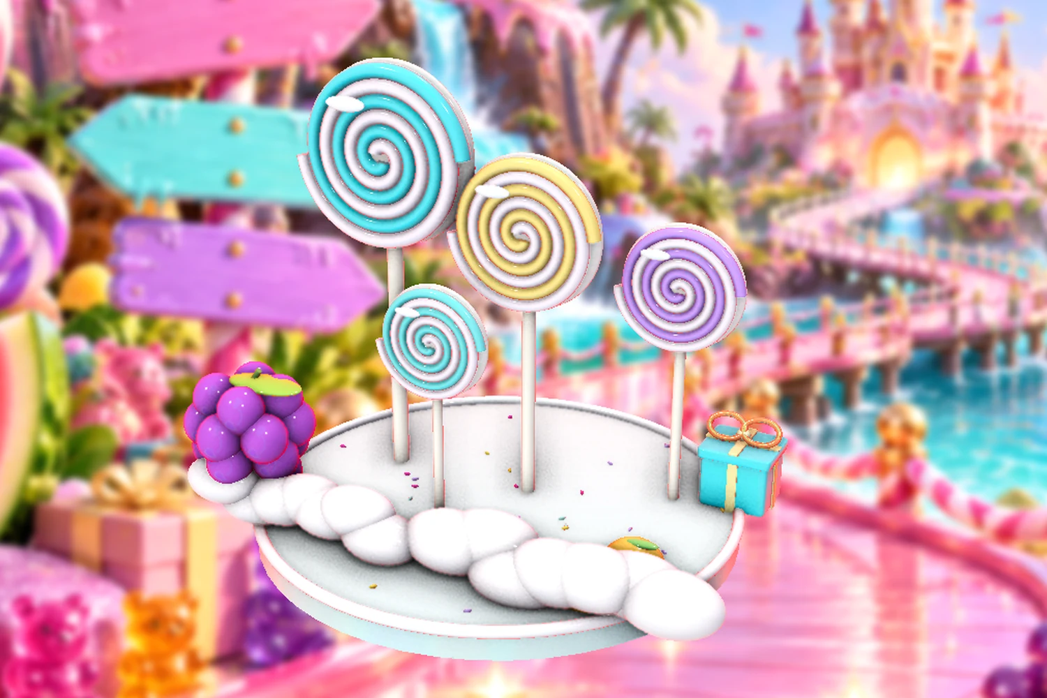 Glossy spiral lollipops, soft clouds and fruit sweets